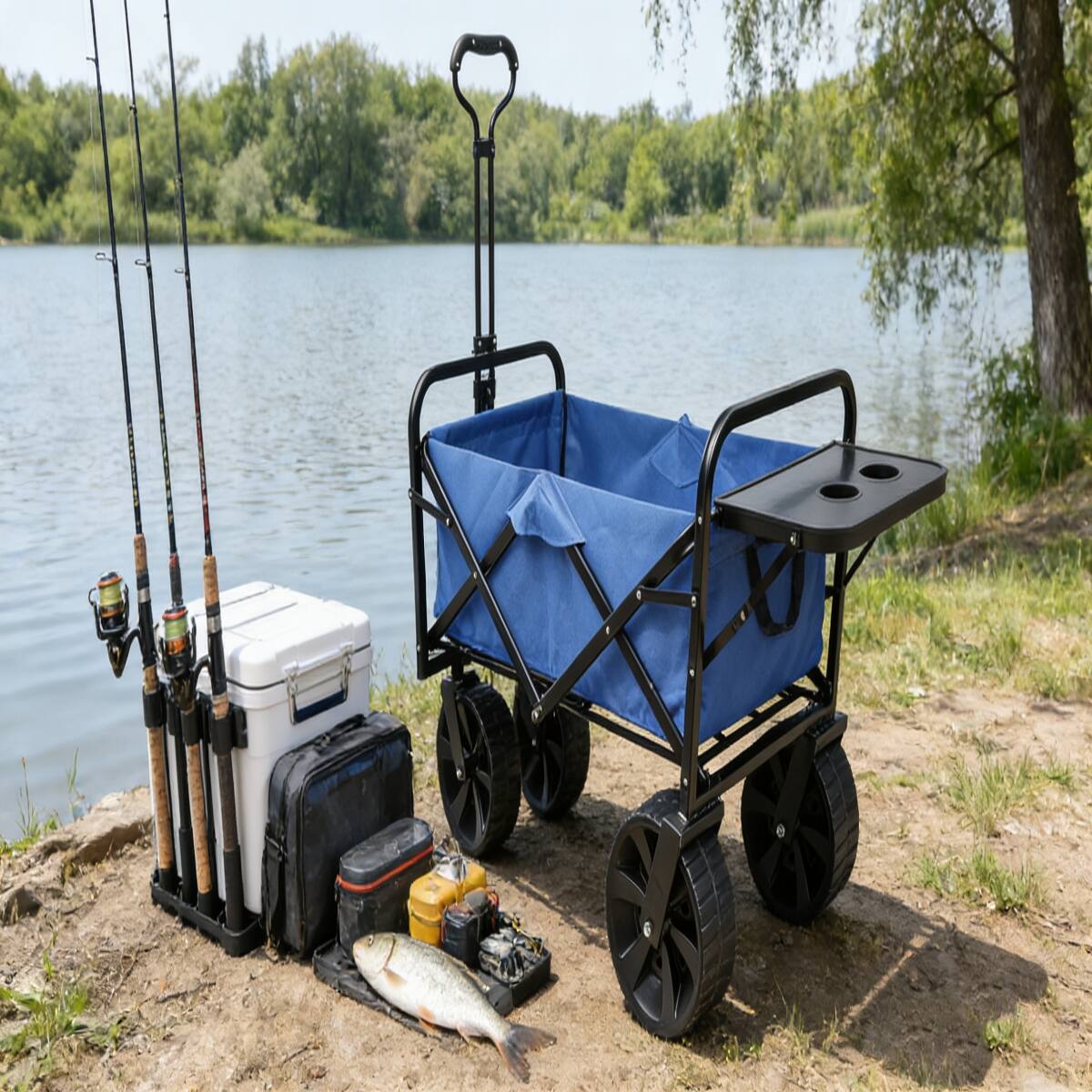 Alt View 3. Loheer - Loheer Folding Garden Wagon, Blue Collapsible Steel Utility Cart with 150 lb Capacity.