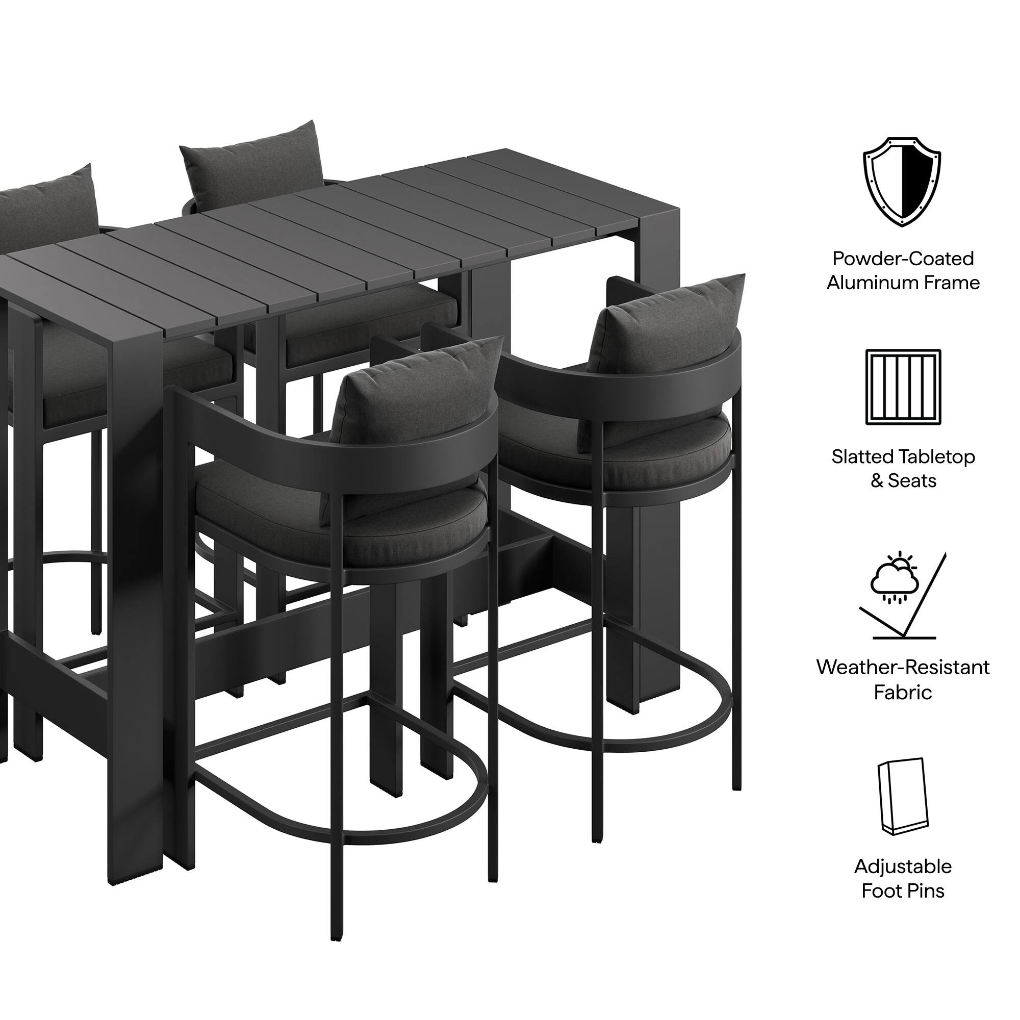 Powder-Coated Aluminum Frame  
Slatted Tabletop & Seats  
Weather-Resistant Fabric  
Adjustable Foot Pins