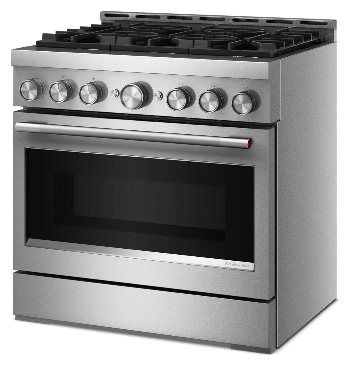 Left. KitchenAid - 5.1 Cu. Ft Commercial Gas Range with No Preheat Air Fry Mode and 6 Burner - Stainless Steel.