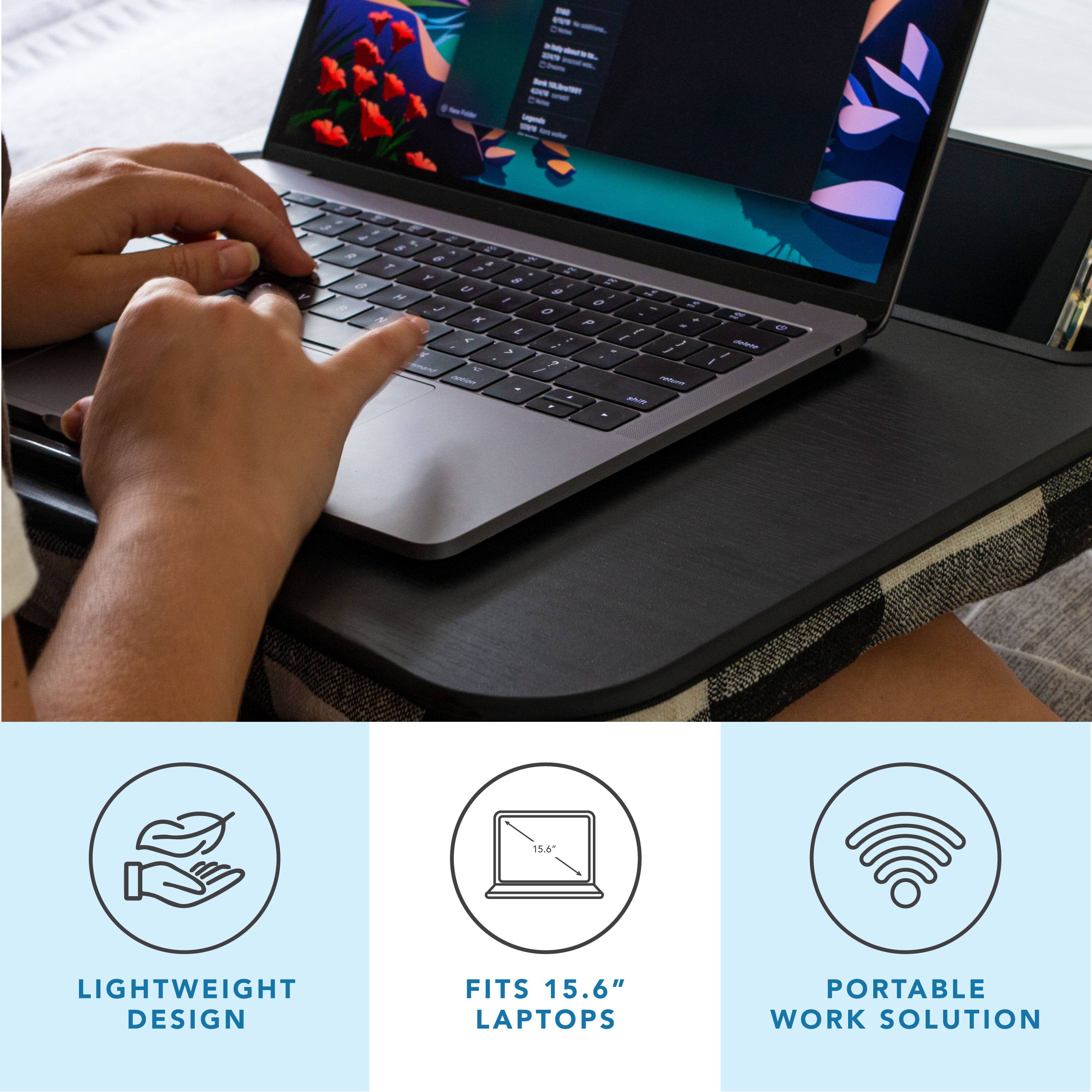 The text on the image is grouped and corrected as follows:
* Lightweight Design: Fits 15.6" Laptops
* Portable Work Solution
* 15.4" Laptops