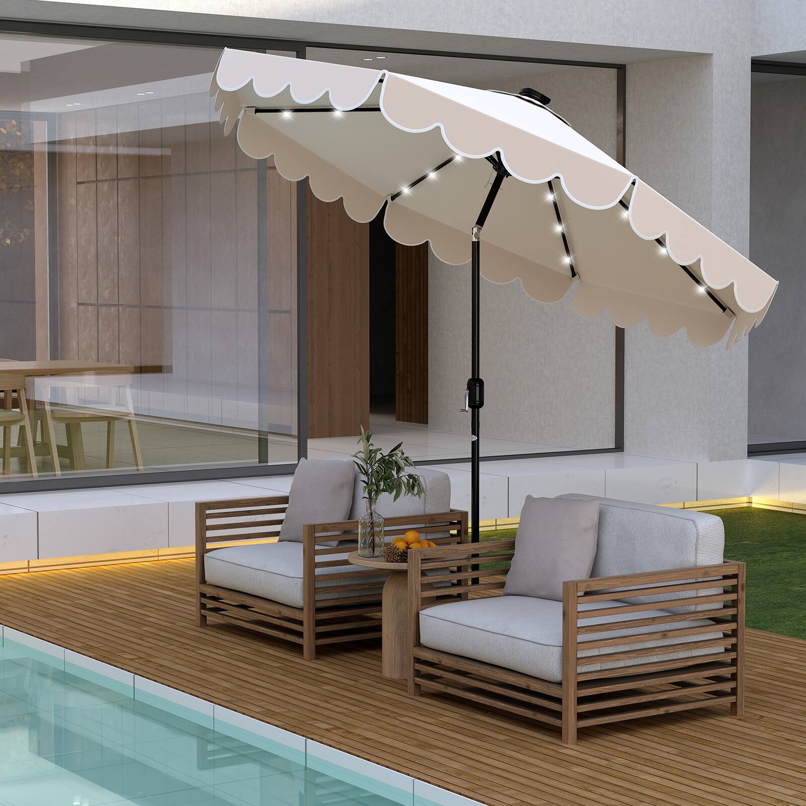 Alt View 1. Gymax - Gymax 9.3 FT Solar Patio Umbrella w/ 32 LED Lights & Vented Top & Ruffles Beige - Beige.