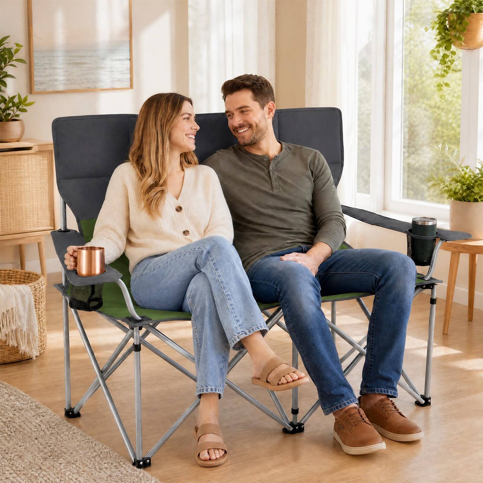 Alt View 1. Costway - Costway Double Camping Chair with Carry Bag, 2 Cup Holders, Premium Oxford Fabric for Lawn - Green+Gray.