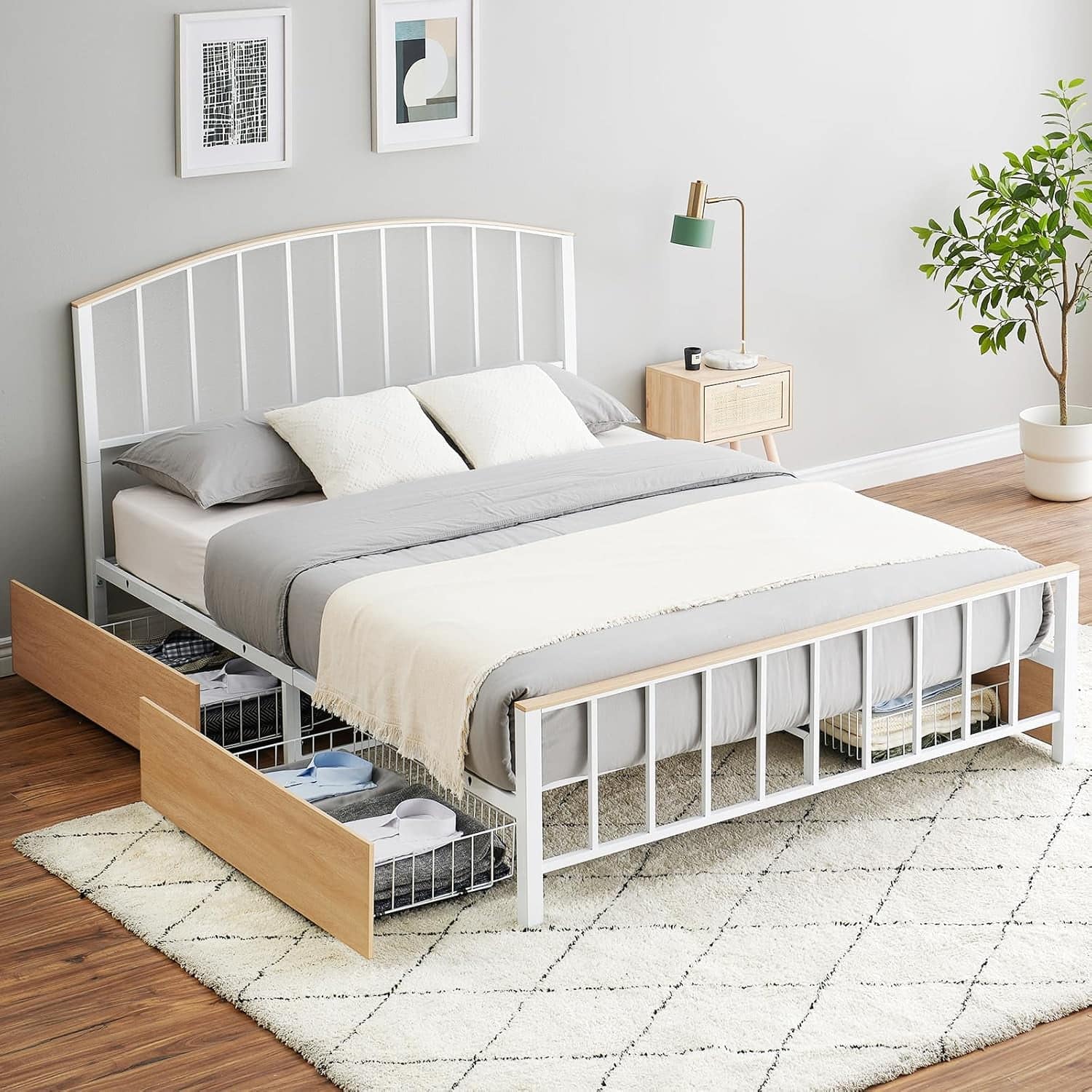 Qeetex - Queen Size Storage Platform Bed with Rattan Accent - 4 Drawers and Wooden Headboard LED Light Strip No Box Spring Need - As Shown