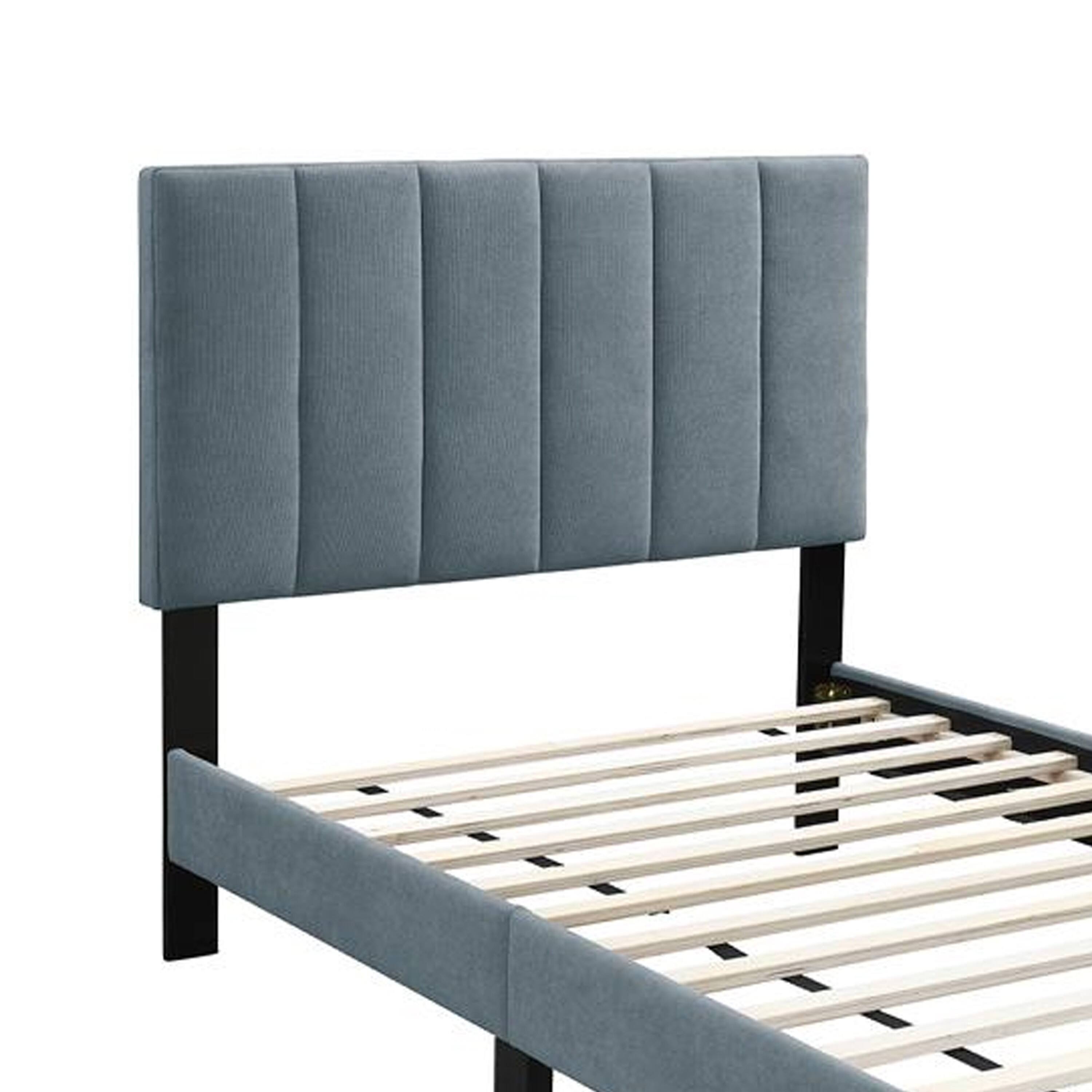 Left. Manhattan Lane - Lilian Full Bed, Soft Channel Tufted Light Gray Linen Upholstery - Gray, Black.