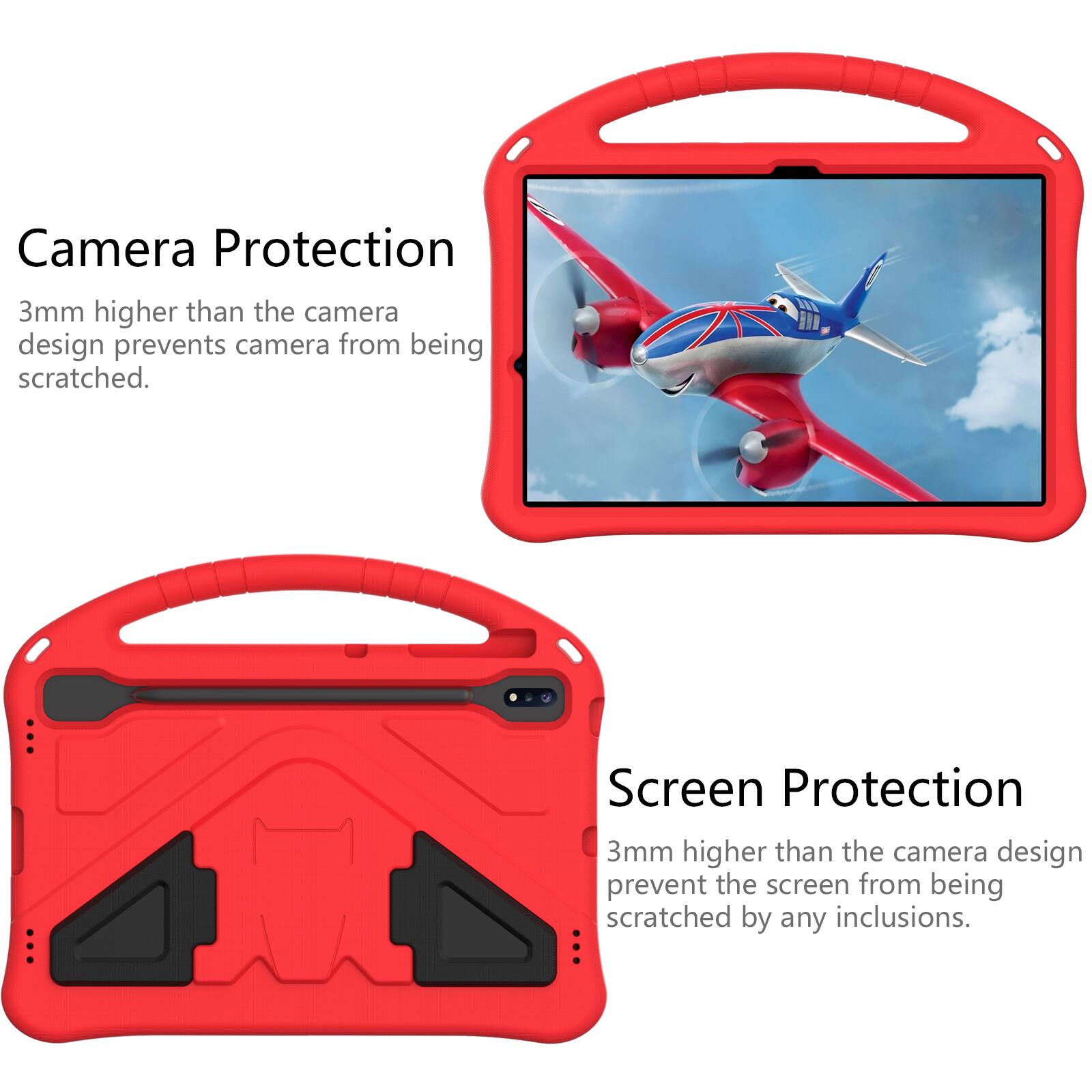 Camera Protection  
3mm higher than the camera design prevents camera from being scratched.  

Screen Protection  
3mm higher than the camera design prevent the screen from being scratched by any inclusions.