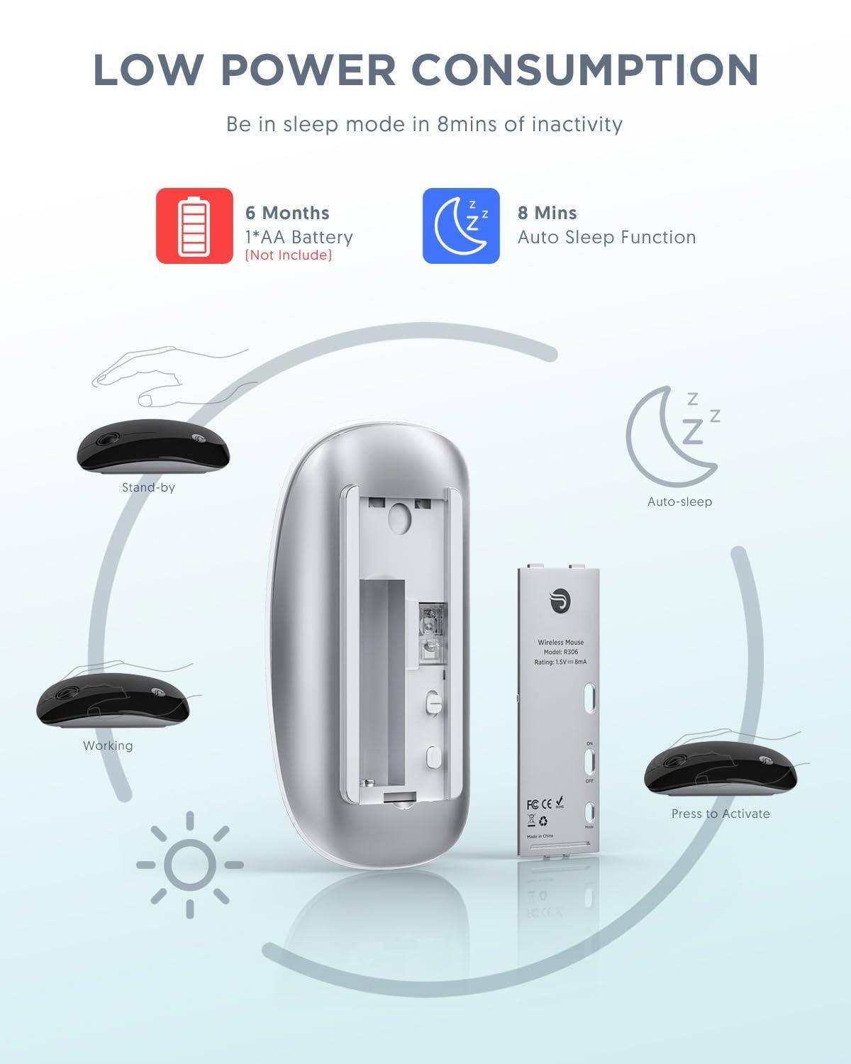 LOW POWER CONSUMPTION  
Be in sleep mode in 8mins of inactivity  

6 Months  
1*AA Battery [Not Include]  

8 Mins  
Auto Sleep Function  

Stand-by  
Working  
Auto-sleep  
Press to Activate  

Wireless Mouse  
Model: R206  
Rating: 1.5V = 8mA  

FC CE