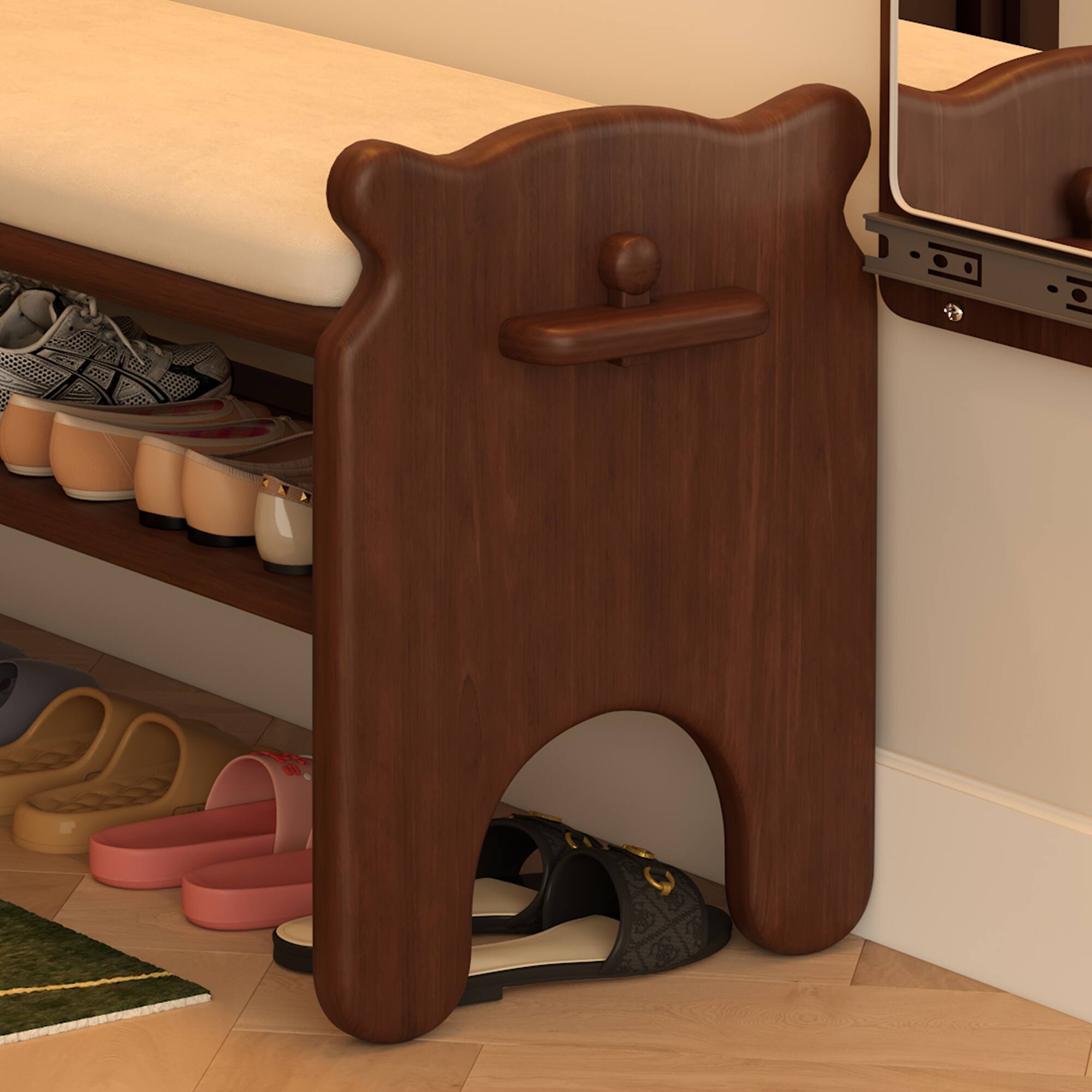 Left. Whisen - Solid Wood Shoe Storage Bench with Faux Leather Cushion, 2-Tier Entryway Bench Rack - Walnut.