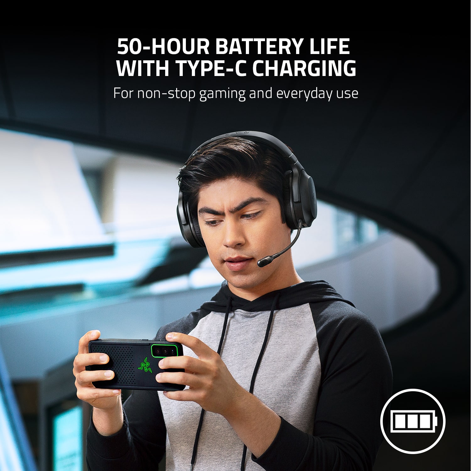 50-HOUR BATTERY LIFE WITH TYPE-C CHARGING For non-stop gaming and everyday use.