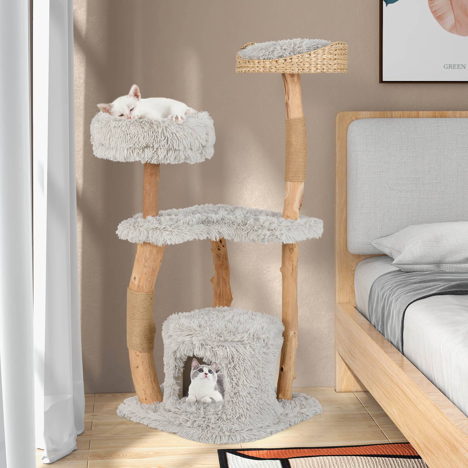 Alt View 3. Costway - Costway 49" Multi-Layer Cat Tree Solid Wood Cat Tower w/ Jute Scratching Posts Cat Activity Center - Natural,Gray.
