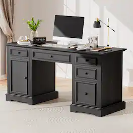 Vipbear - 60" Executive Desk with 4 Drawers and Cabinet, Home Office Desk with File Cabinet, Rustic Computer Desk - Black