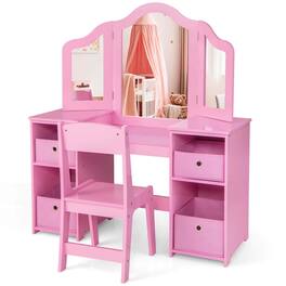 Costway - Kids Vanity Table & Chair Set 2-in-1 Princess Pretend Play Makeup Vanity Set - Pink