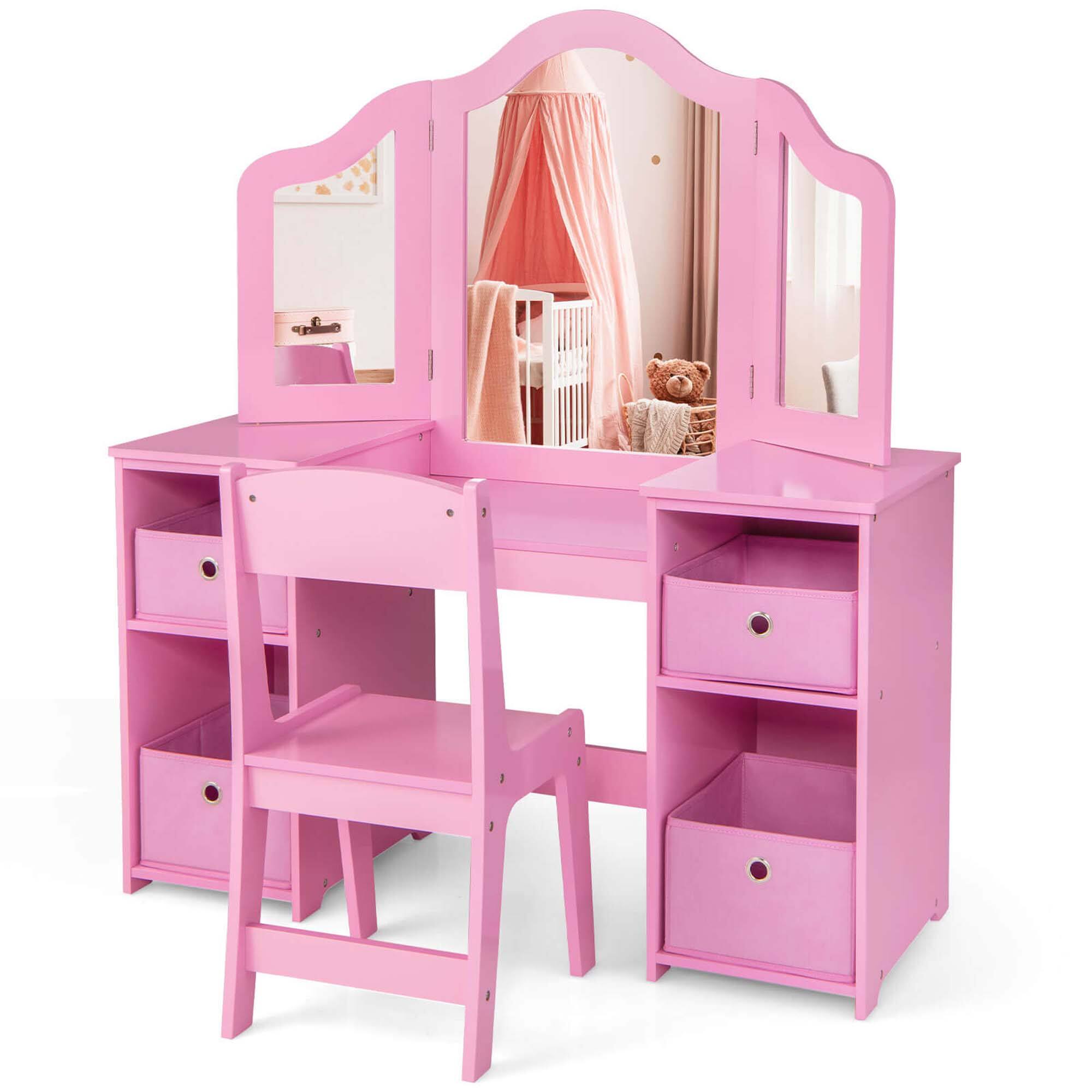 Costway - Kids Vanity Table & Chair Set 2-in-1 Princess Pretend Play Makeup Vanity Set - Pink