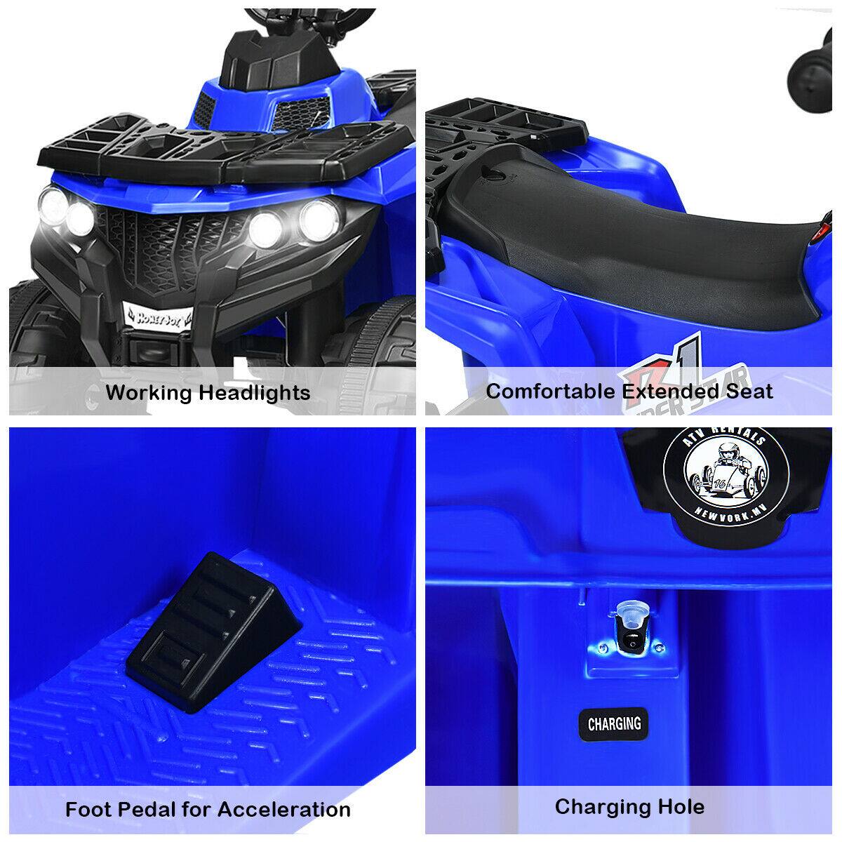 - Working Headlights
- Comfortable Extended Seat
- Foot Pedal for Acceleration
- Charging Hole