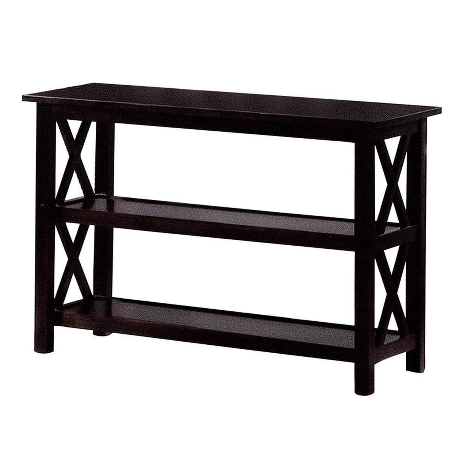 Front. Manhattan Lane - Transitional Wooden Sofa Table With "X" Side Design & Two Shelves - Dark Brown.