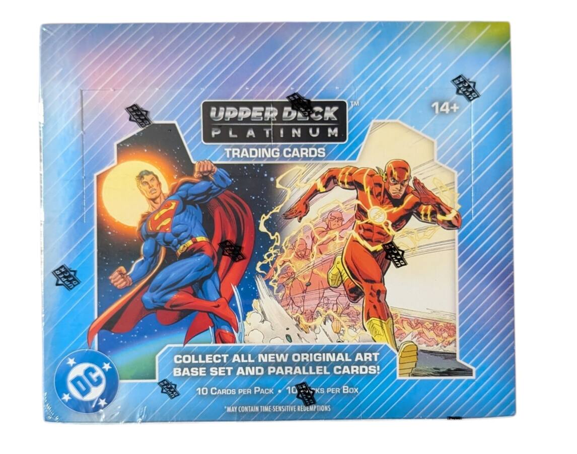 TM UPPER DECK PLATINUM TRADING CARDS  
14+  
UPPER DECK  
COLLECT ALL NEW ORIGINAL ART BASE SET AND PARALLEL CARDS!  
10 CARDS PER PACK  
10 PACKS PER BOX  
MAY CONTAIN TIME-SENSITIVE REDEMPTIONS