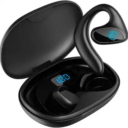 Front. RISOKEYS - Wireless Bluetooth Earbuds, Noise Cancelling & Waterproof for Running, Gym - Open-Ear Comfort for Men and Women,Black.