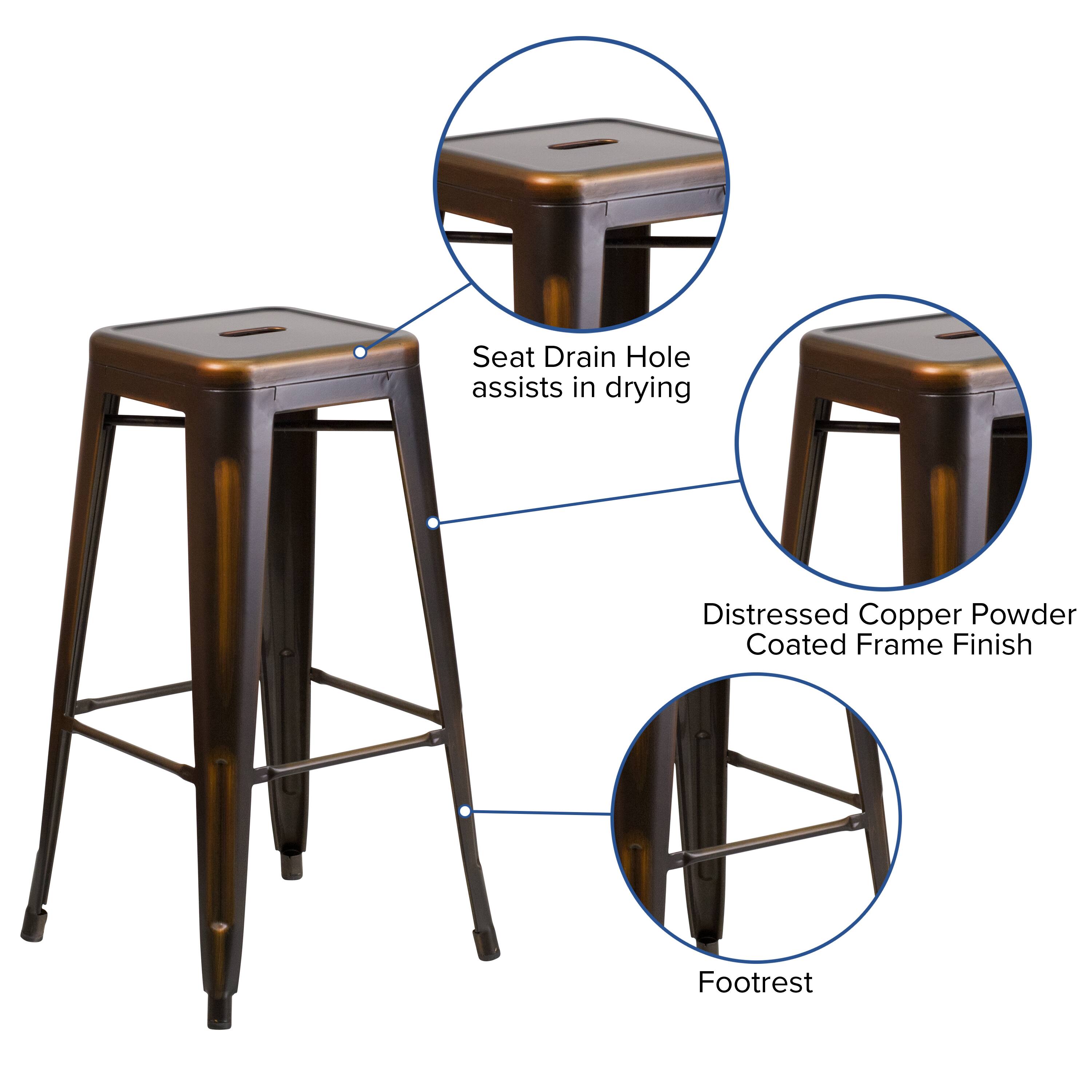 Seat Drain Hole assists in drying  
Distressed Copper Powder Coated Frame Finish  
Footrest