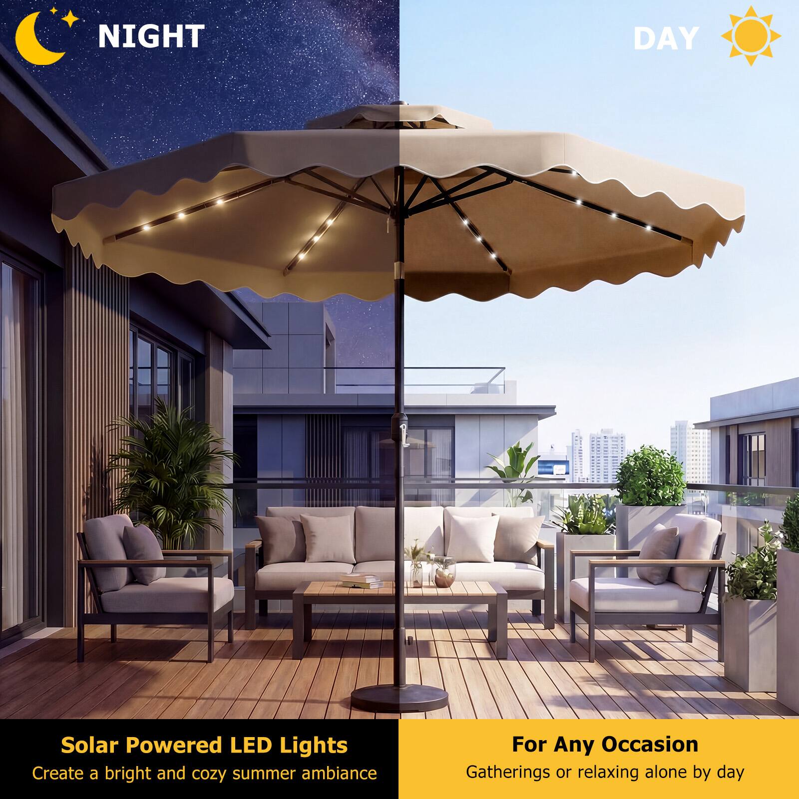 Solar Powered LED Lights  
Create a bright and cozy summer ambiance  

For Any Occasion  
Gatherings or relaxing alone by day