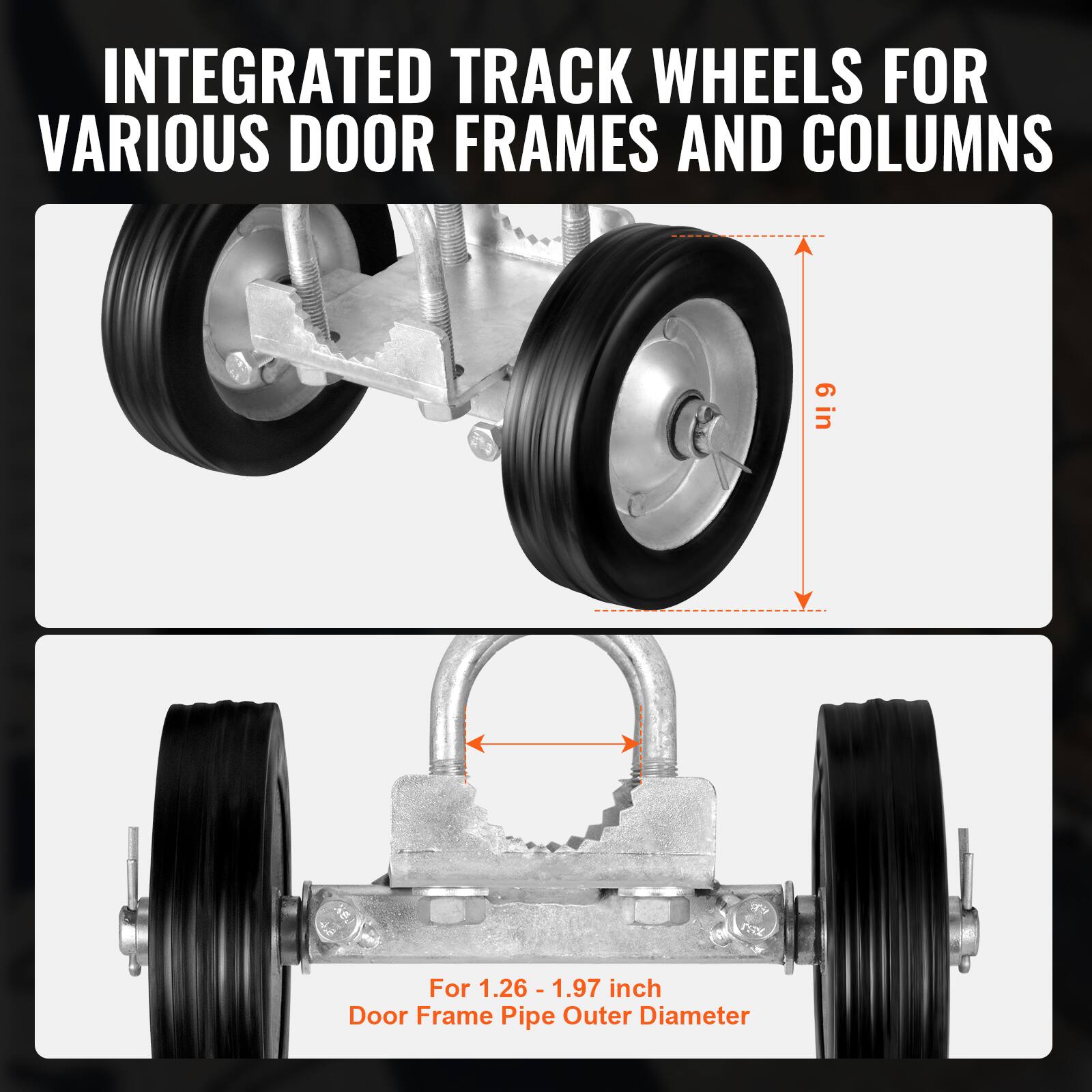 INTEGRATED TRACK WHEELS FOR VARIOUS DOOR FRAMES AND COLUMNS

6 in

For 1.26 - 1.97 inch Door Frame Pipe Outer Diameter