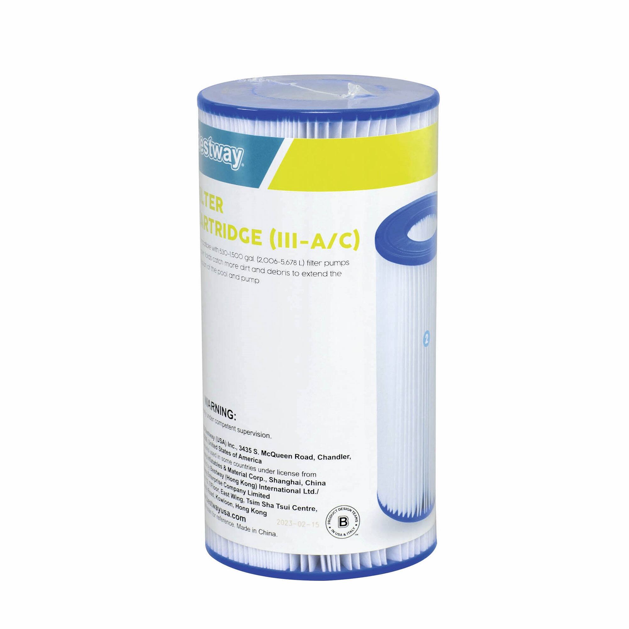 **Westway**

**FILTER CARTRIDGE (III-A/C)**

Catches 300-1500 g (2.000-5.678 L) of dirt and debris to extend the life of the pool and pump

**WARNING:**

Keep out of reach of children. Supervision is required.

**Westway USA Inc., 3435 S. McQueen Road, Chandler, AZ 85248, USA**

Manufactured by Westway International Ltd., Shanghai, China under license from Westway Corporation, Hong Kong. Made in China.

**www.westwayusa.com**

**2023-02-15**