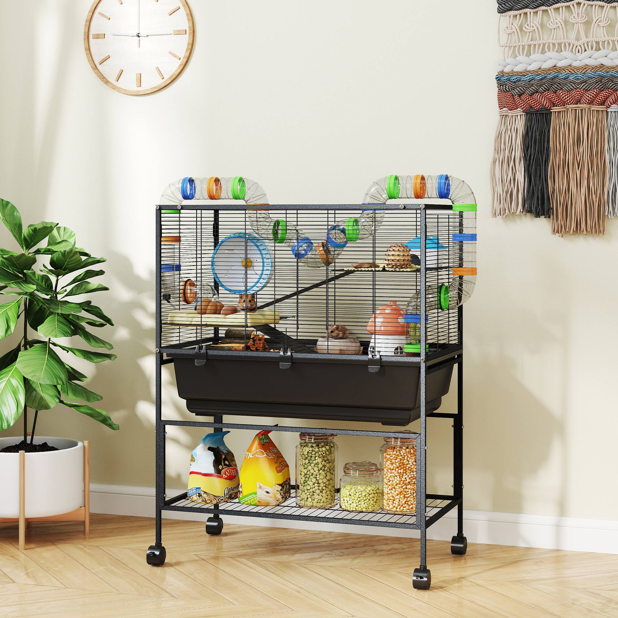 Angle. Pawhut - Tier Hamster Cage, Rolling Rat Cage with Deep Tray, Storage Shelf, Big Exercise Wheel, Hut.