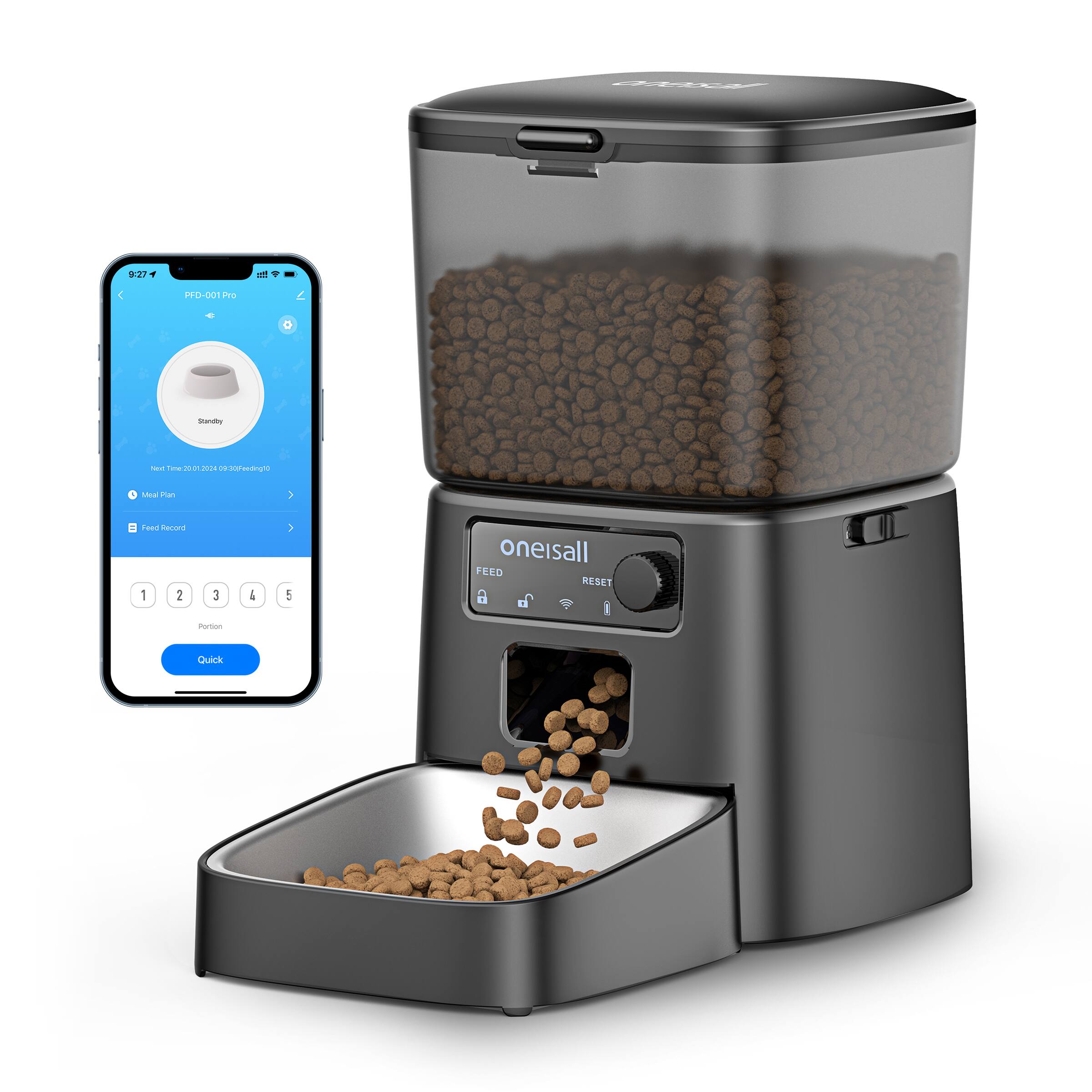 Sure, here is the corrected and grouped text:
**App Interface:**
- PF-D001 Pro
- Standby
- Next Time: 20-01-2024 02:00 (307-feeding#01)
- Menu Plan
- Feed Record
- 1 2 3 4 5
- Portion
- Quick
**Device:**
- oneisall
- FEED
- RESET
- (Lock icon)
- (WiFi icon)