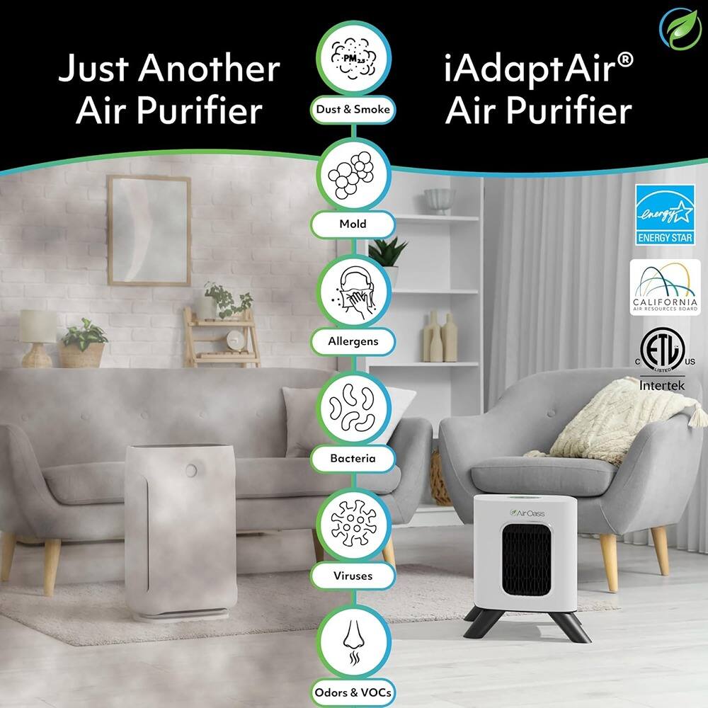 iAdaptAir® Air Purifier

Just Another Air Purifier

- Dust & Smoke
- Mold
- Allergens
- Bacteria
- Viruses
- Odors & VOCs

ENERGY STAR
CALIFORNIA ARB
ETL
Intertek