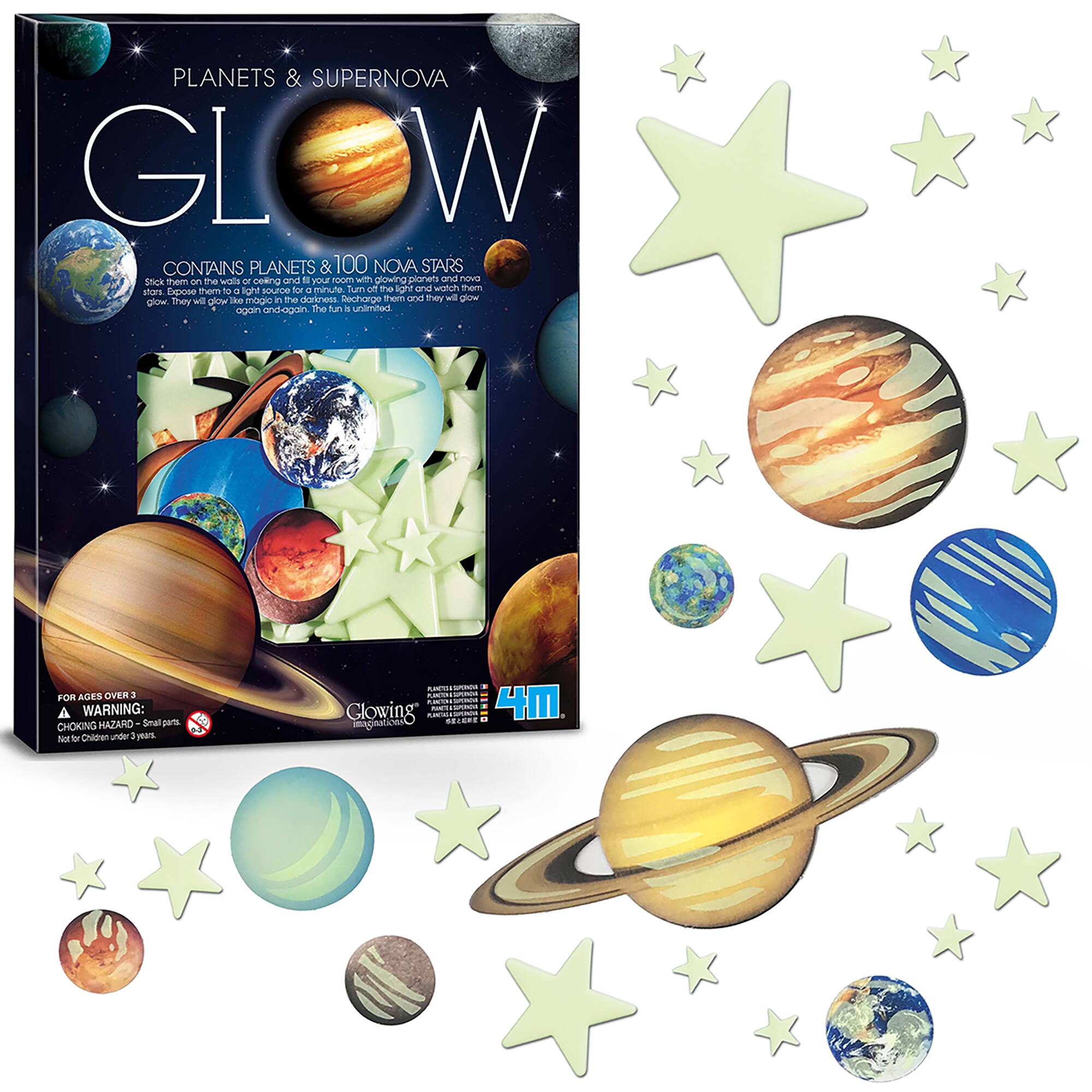Planets & Supernova Glow contains planets and stars that glow when exposed to a light source. They can be stuck on the ceiling or wall and will glow for a minute after being charged. The glowing planets are made of glow-in-the-dark material and can be charged again and again. This product is suitable for ages 4 and up, but it should not be used by children under 3 years old. The package contains 100 glowing stars and planets.