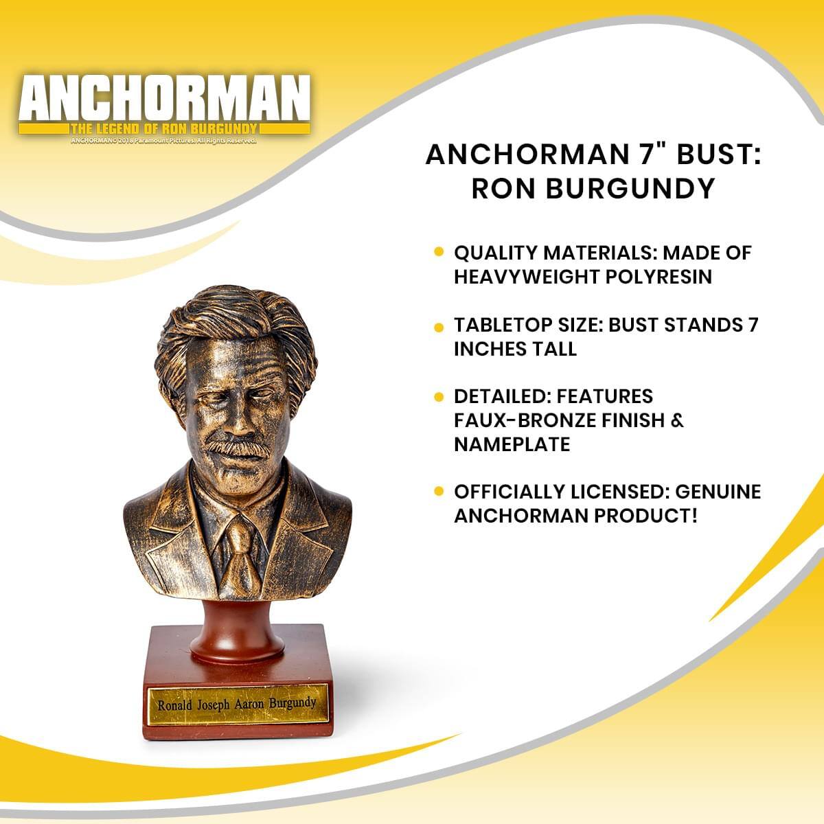 ANCHORMAN THE LEGEND OF RON BURGUNDY

ANCHORMAN 7" BUST: RON BURGUNDY

QUALITY MATERIALS: MADE OF HEAVYWEIGHT POLYRESIN

TABLETOP SIZE: BUST STANDS 7 INCHES TALL

DETAILED: FEATURES FAUX-BRONZE FINISH & NAMEPLATE

OFFICIALLY LICENSED: GENUINE ANCHORMAN PRODUCT!

Ronald Joseph Aaron Burgundy