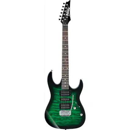 Front. Ibanez - Ibanez GIO Series GRX70QA Electric Guitar, Rosewood Fretboard, Transparent Emerald Burst.