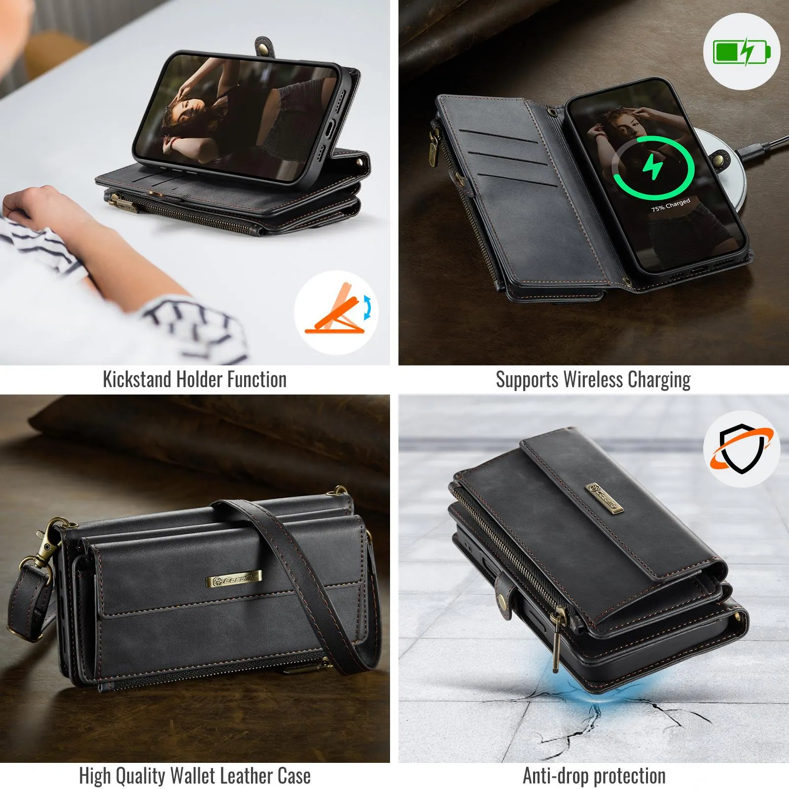 100 - 75% Charged

1. Kickstand Holder Function
2. Supports Wireless Charging
3. High Quality Wallet Leather Case
4. Anti-drop protection