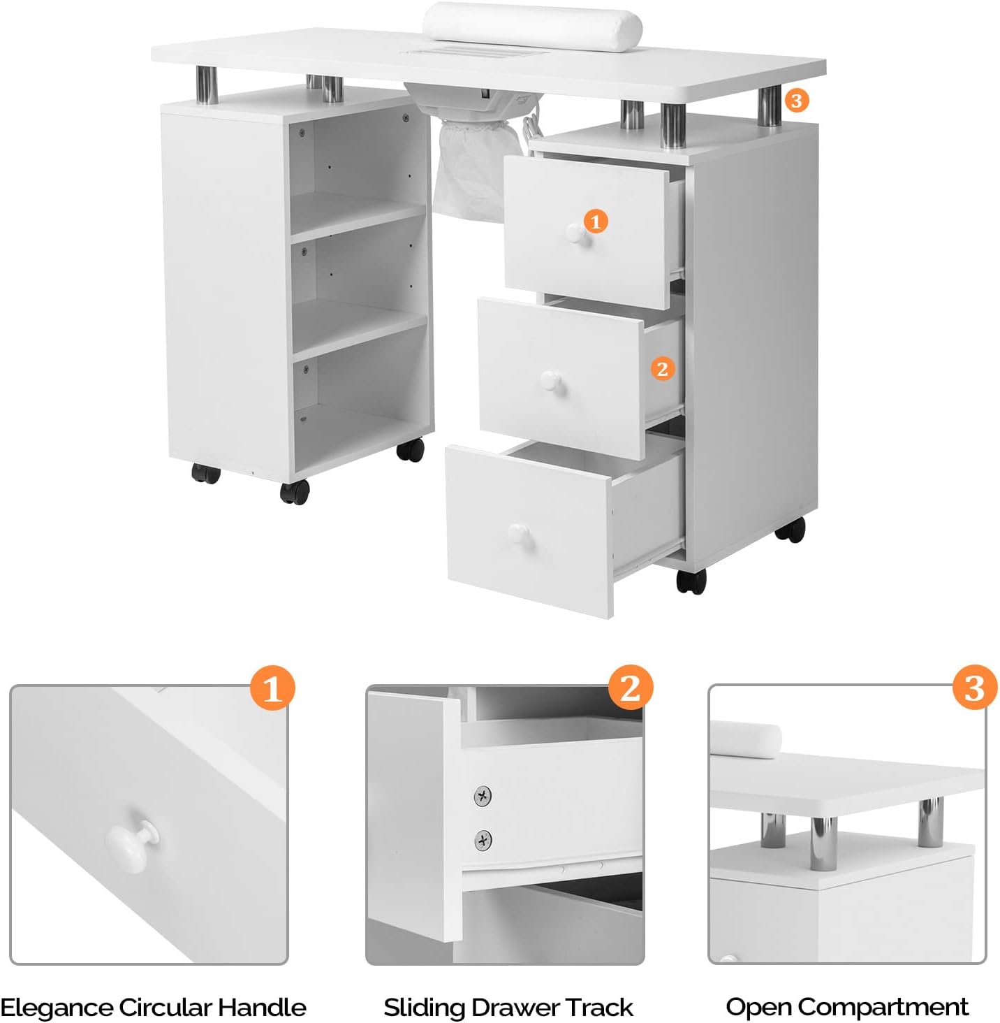 1. Elegance Circular Handle
2. Sliding Drawer Track
3. Open Compartment