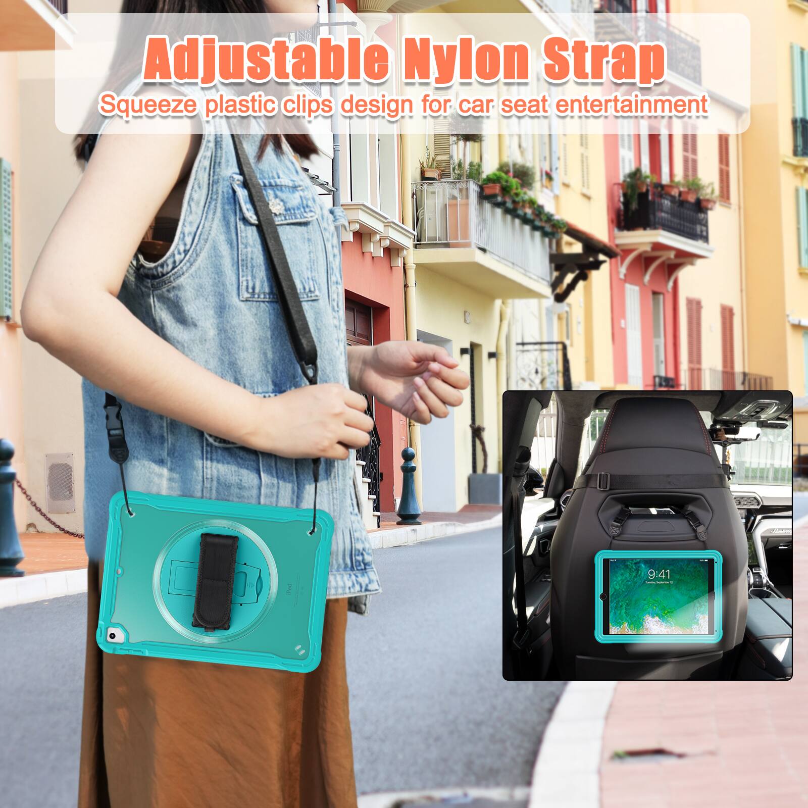 Adjustable Nylon Strap  
Squeeze plastic clips design for car seat entertainment