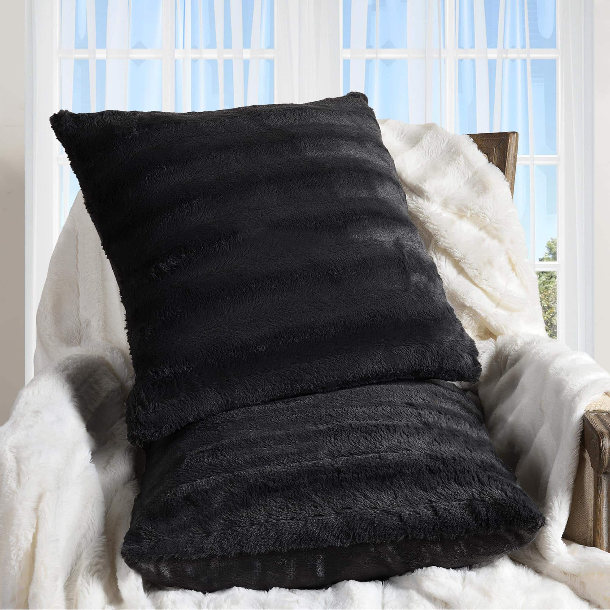 Cheer Collection - Faux Fur Throw Pillows - Set of 2 Decorative Couch Pillows - 26" X 26" - Black