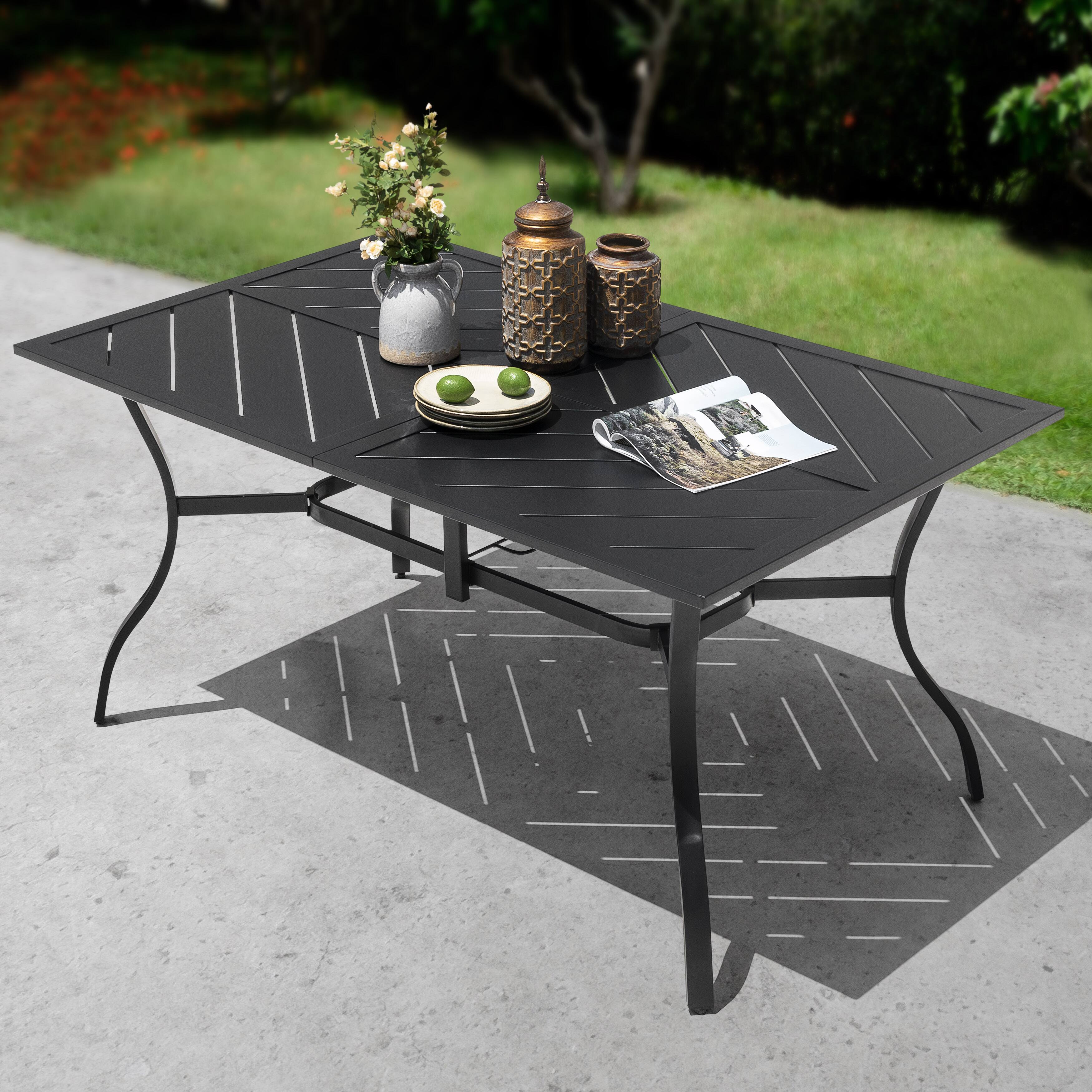 Angle. Nuu Garden - Outdoor Rectangle Iron Dining Table, 61'' x 37'' Splice Tabletop with 1.8'' Umbrella Hole - Black.