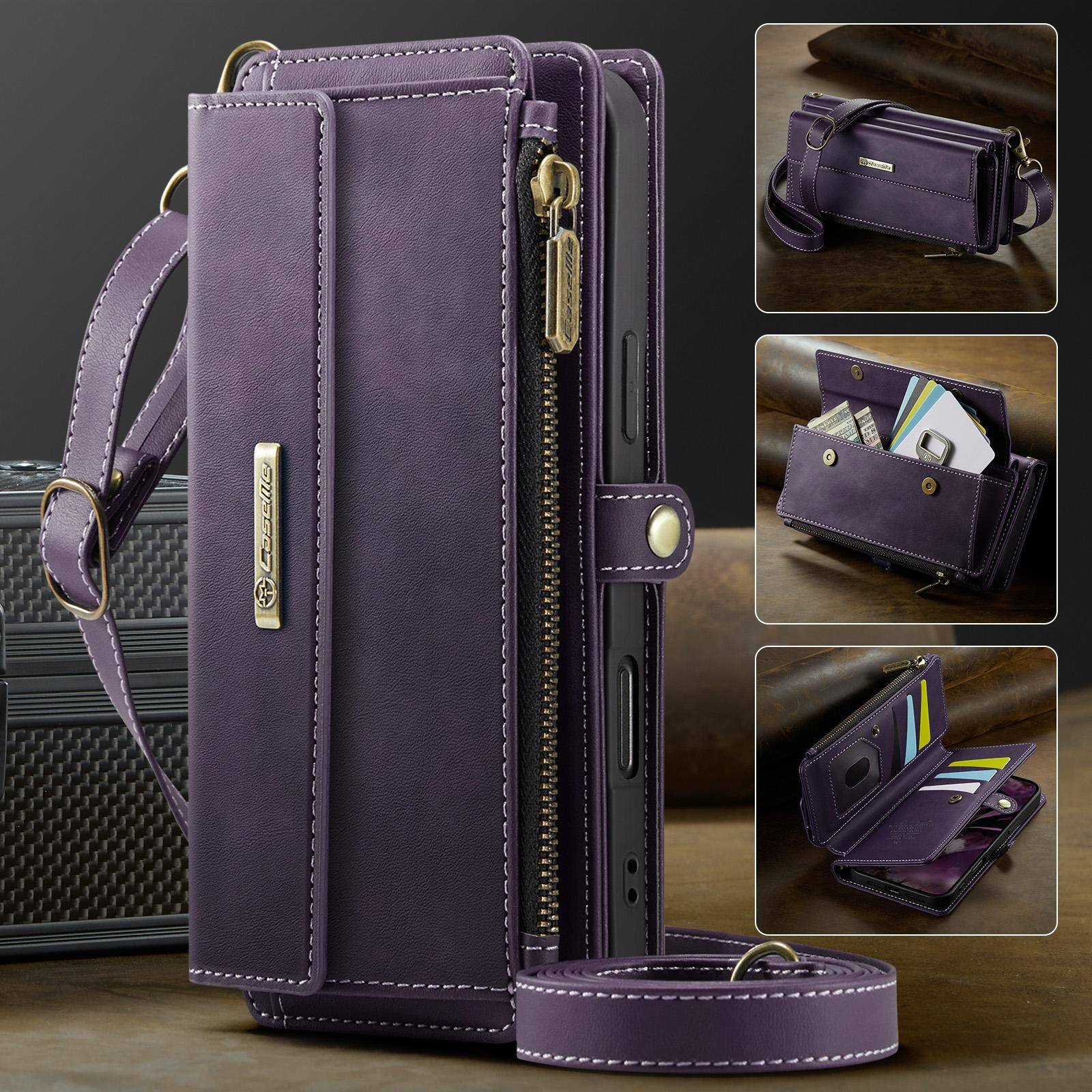 Alt View 4. UUCOVER - For Apple iPhone 18 Pro Max Crossbody Zipper Wallet Folio Case with RFID Card Slots, Kickstand & Shoulder Wrist Strap - Purple.