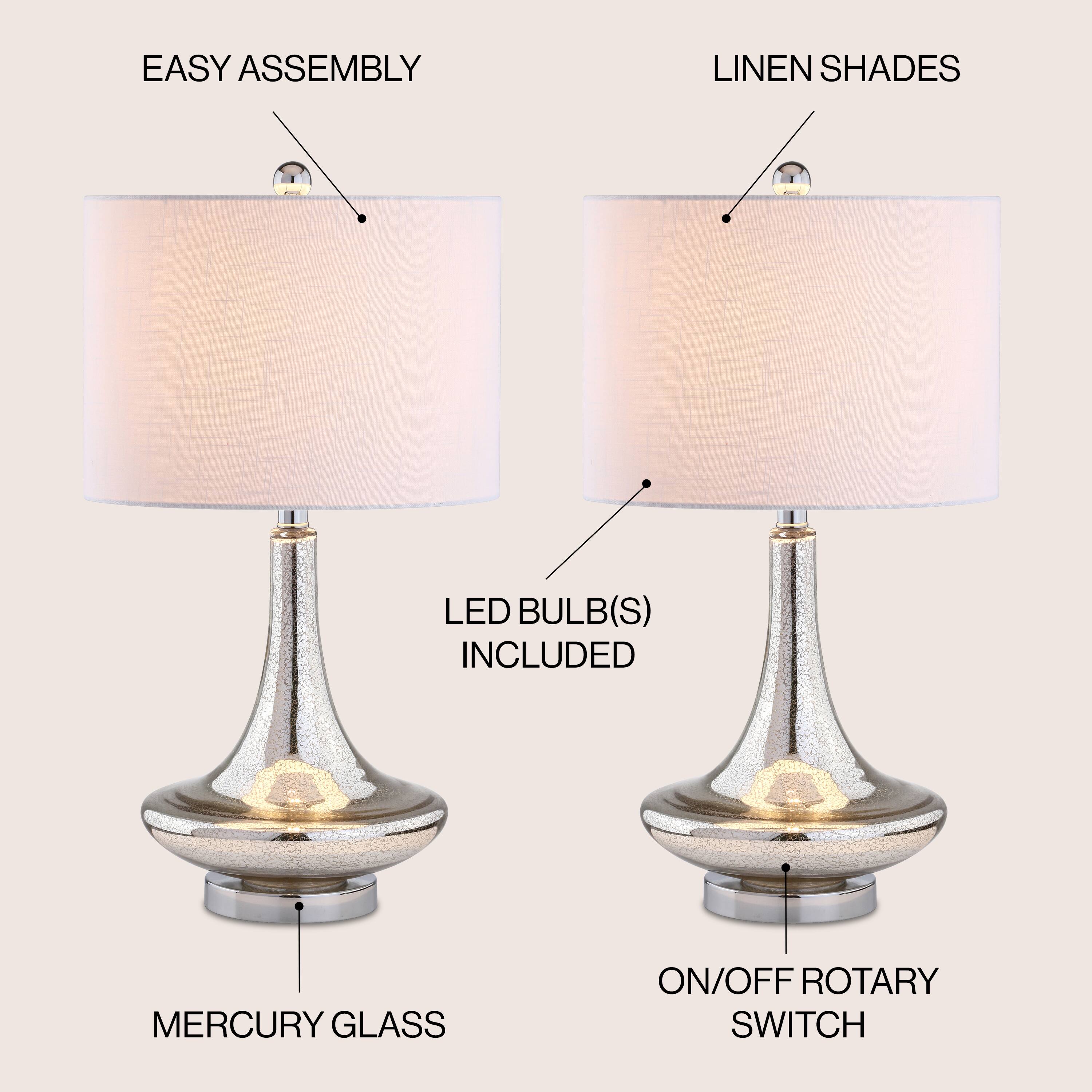 - EASY ASSEMBLY
- LINEN SHADES
- LED BULB(S) INCLUDED
- MERCURY GLASS
- ON/OFF ROTARY SWITCH