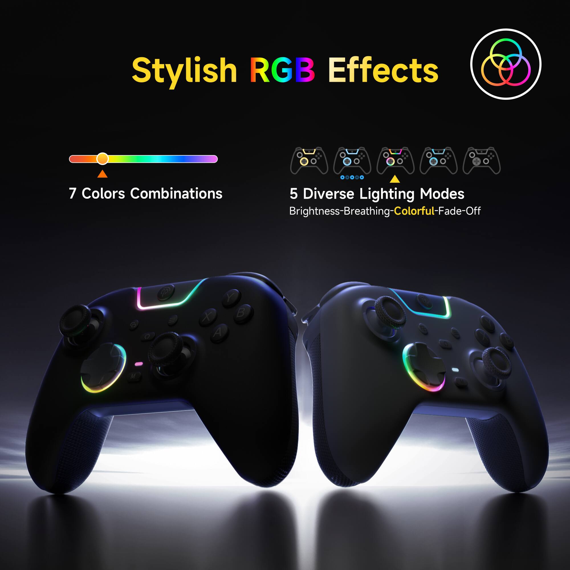 Stylish RGB Effects

7 Colors Combinations

5 Diverse Lighting Modes
Brightness-Breathing-Colorful-Fade-Off