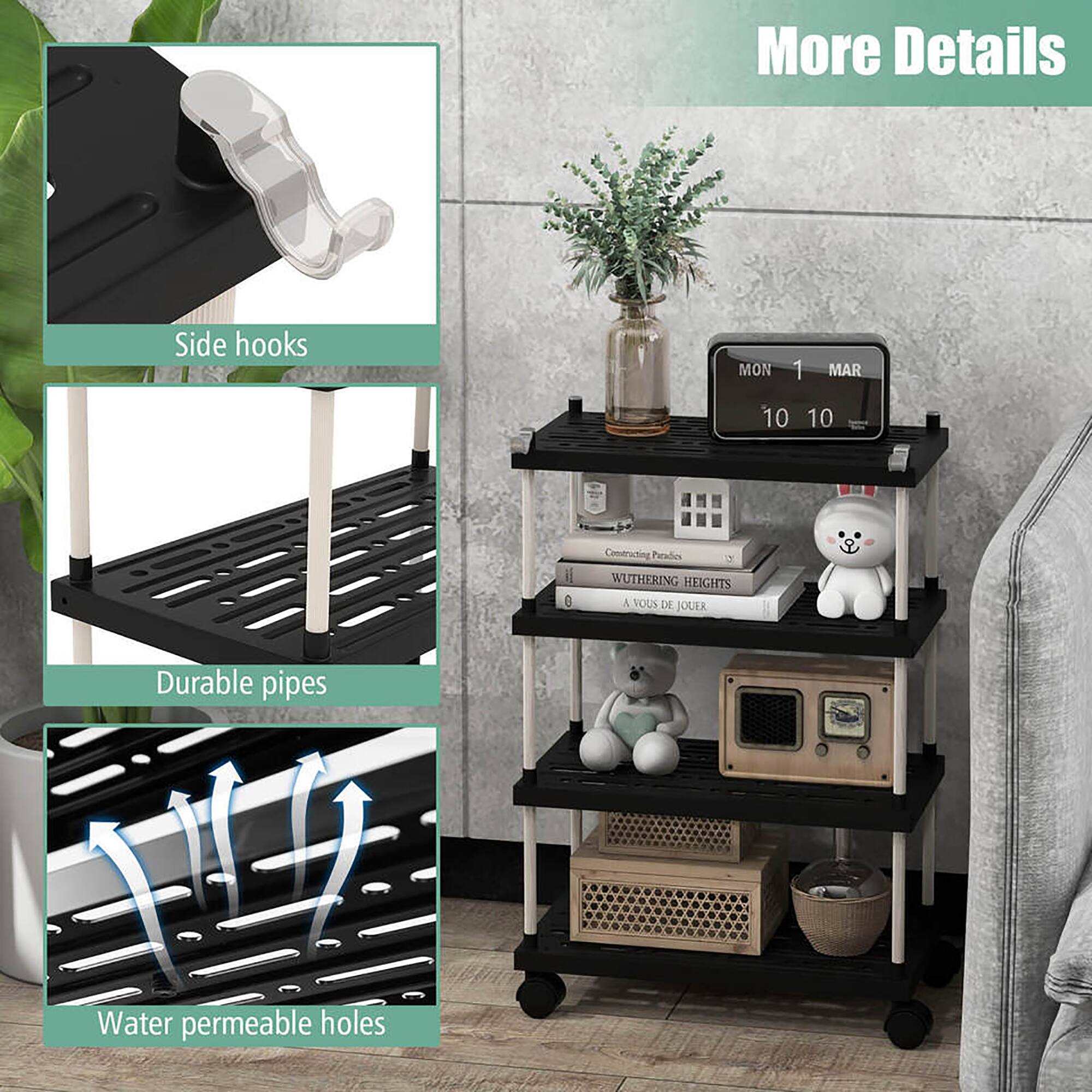 More Details

- Side hooks
- Durable pipes
- Water permeable holes