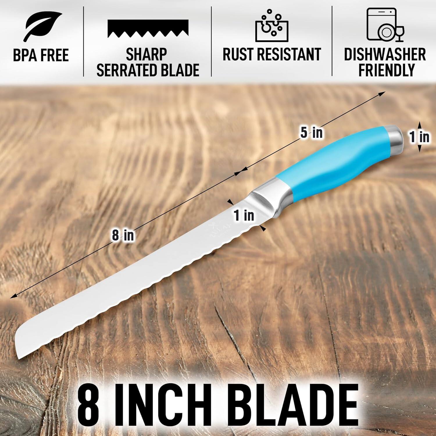 BPA FREE  
SHARP SERRATED BLADE  
RUST RESISTANT  
DISHWASHER FRIENDLY  

8 INCH BLADE  

5 in  
1 in  
1 in