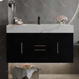 Loheer - 39.4 inch wall mounted bathroom vanity waterproof plywood cabinet with ceramic basin - Black, White