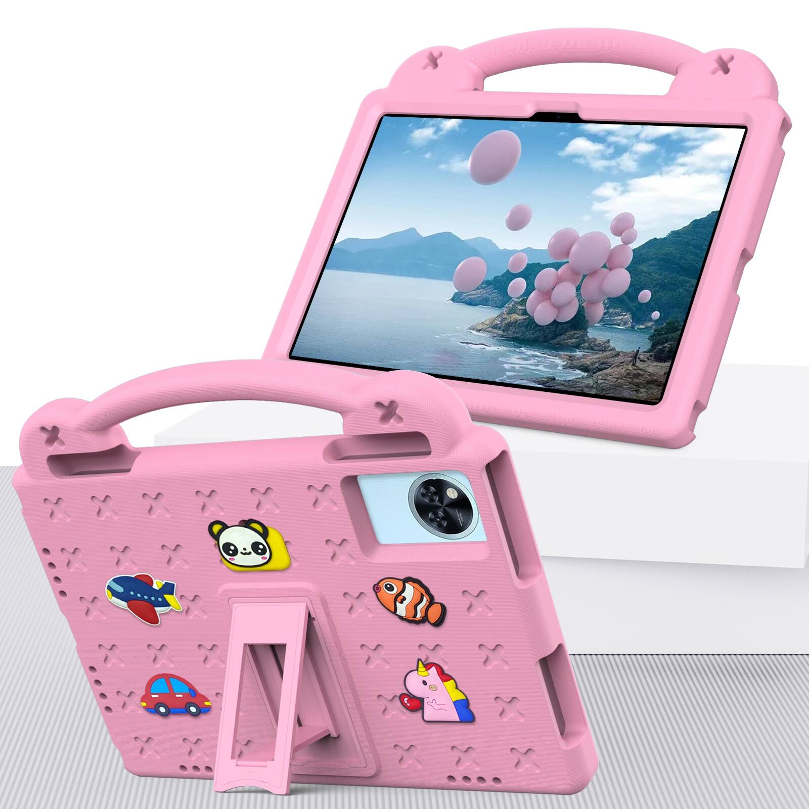 Angle. UUCOVER - Kids Case for Lenovo Idea Tab 11 inch (TB336) 2025 /K11 Gen 2,Shockproof EVA Case Handle Adjustable Stand Cover - Pink.