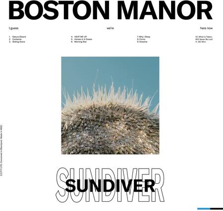 BOSTON MANOR
I guess we're here now
1. Datura (Dawn)
2. Container
3. Sliding Doors
4. HEAT ME UP
5. Horses In A Dream
6. Morning Star
7. Why I Sleep
8. Fornix
9. Dissolve
10. What Is Taken, Will Never Be Lost
11. DC Mini
SUNDIVER
212 FYT LTD. Conceived in Blackpool, Made in NYC.
