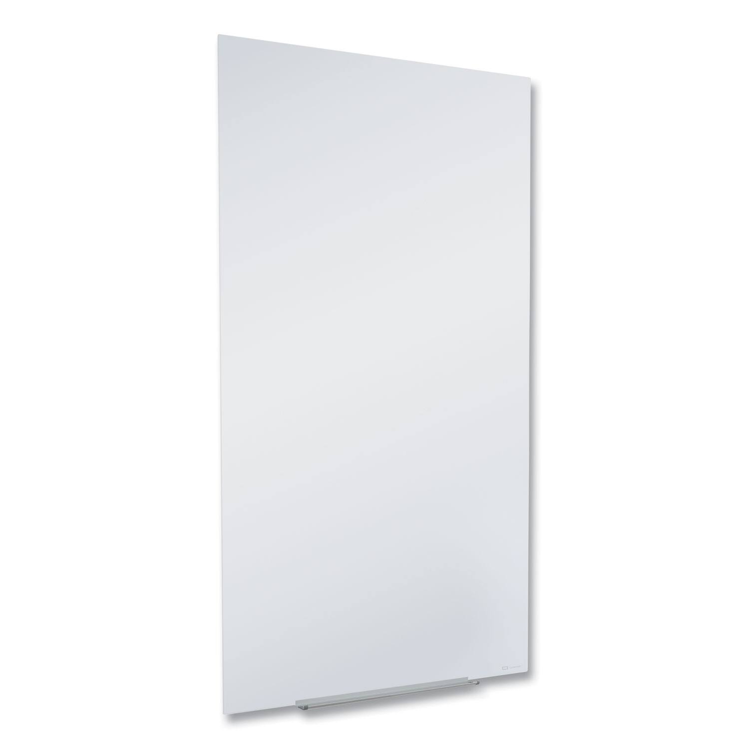 Left. Quartet - REMOVE - InvisaMount Vertical Magnetic Glass Dry-Erase Boards, 28" x 50", White Surface.