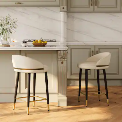 Front. POVISON - 26" Modern Low Back Counter Height Bar Stools Set of 2, Leather Upholstered Counter Stools, Beige & Black - Beige & Black.