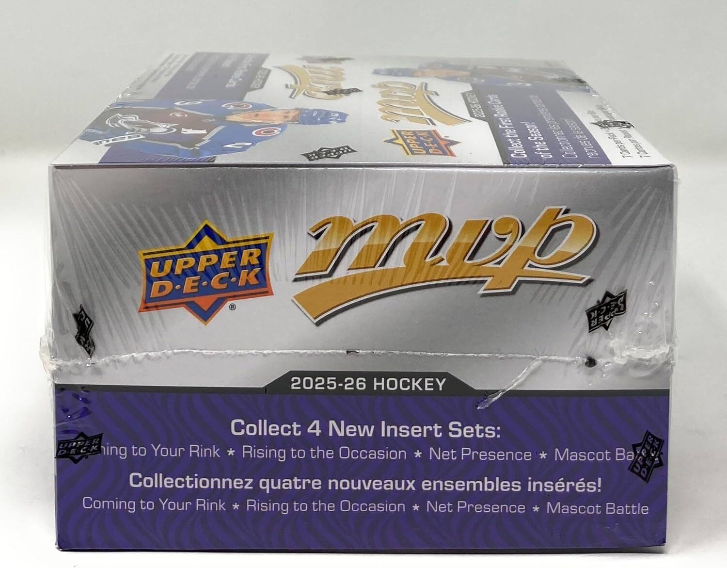 E 200 UPPER Sonl Tarnsara Tlarespalanr DE Co of the Co D.E.C.K UPPER  
2025-26 HOCKEY  
Collect 4 New Insert Sets:  
- Coming to Your Rink  
- Rising to the Occasion  
- Net Presence  
- Mascot Battle  

Collectionnez quatre nouveaux ensembles insérés!  
- Coming to Your Rink  
- Rising to the Occasion  
- Net Presence  
- Mascot Battle