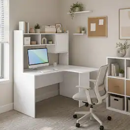 WELLFOR - L Shape Desk with Open Storage Hutch and Cabinet , Tall Computer Desk for Home Office - White
