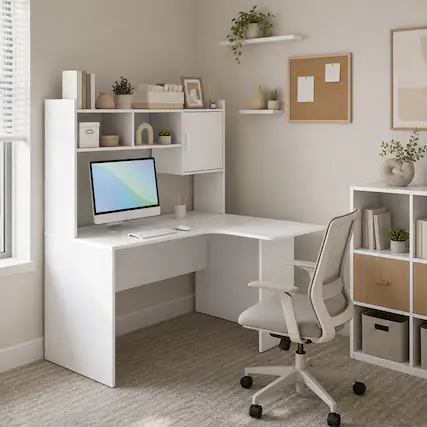 Front. WELLFOR - L Shape Desk with Open Storage Hutch and Cabinet , Tall Computer Desk for Home Office - White.