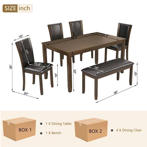 SIZE inch  
16" 58.5" 34.5" 17" 36" 15.8" 17" 19" 30" 15" 19" 20" 38"  
BOX 1  
1 X Dining Table  
1 X Bench  
BOX 2  
4 X Dining Chair