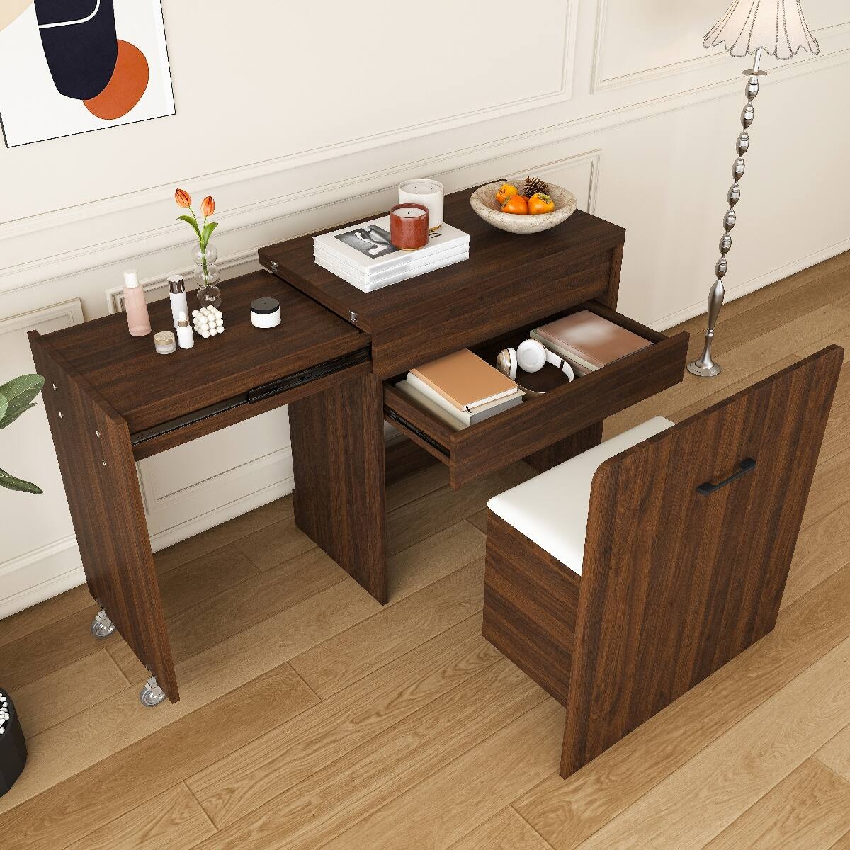 Alt View 9. Loheer - Loheer 47 inch foldable makeup vanity desk with flip mirror, Walnut - Walnut.